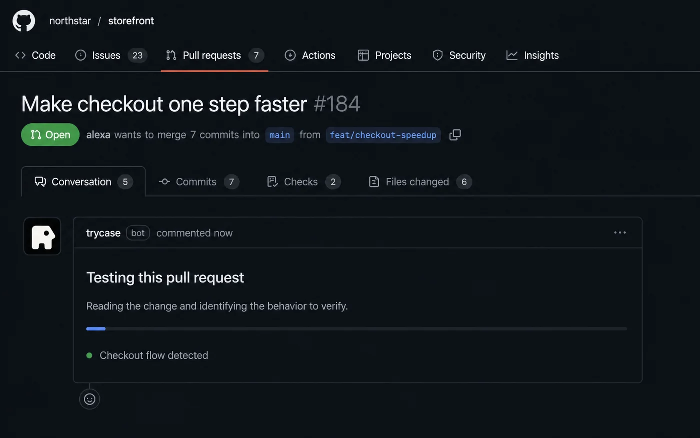 TryCase detecting the checkout behavior changed by a GitHub pull request.