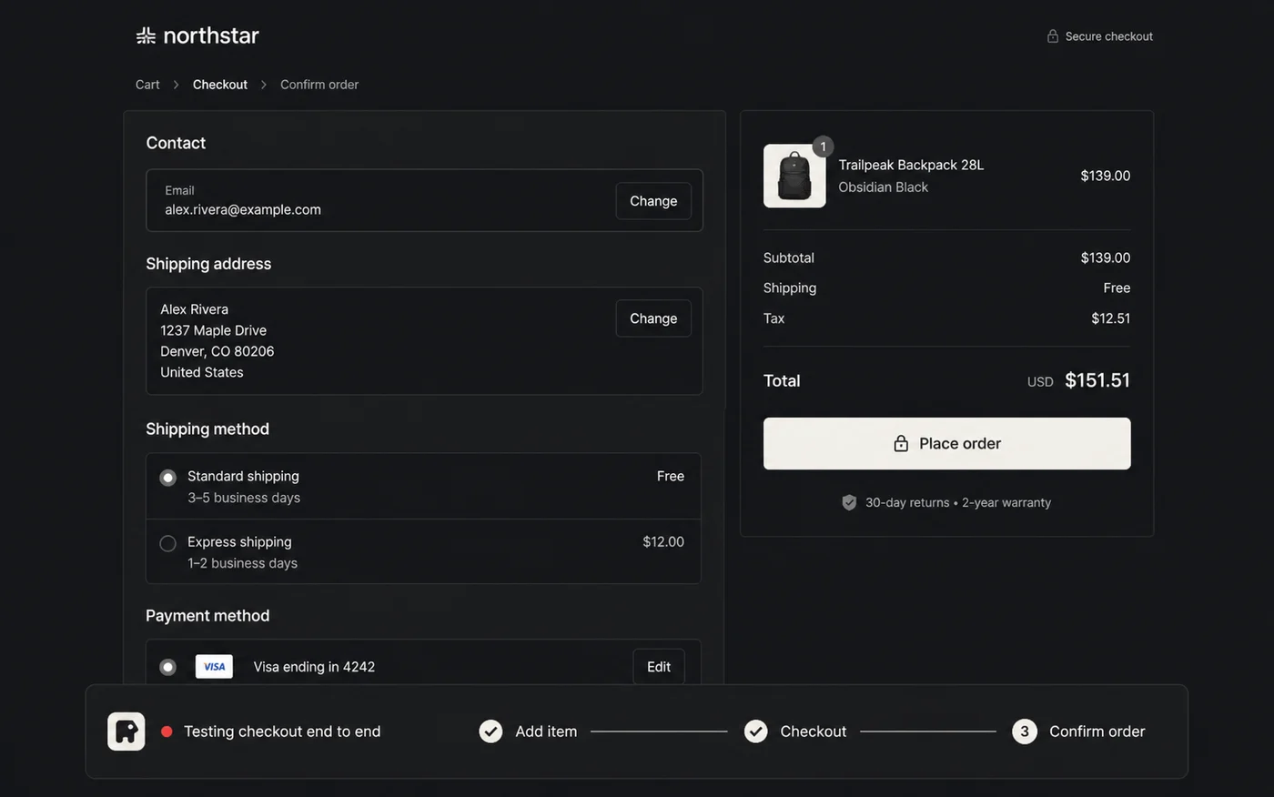 TryCase testing a checkout flow end to end and recording evidence.