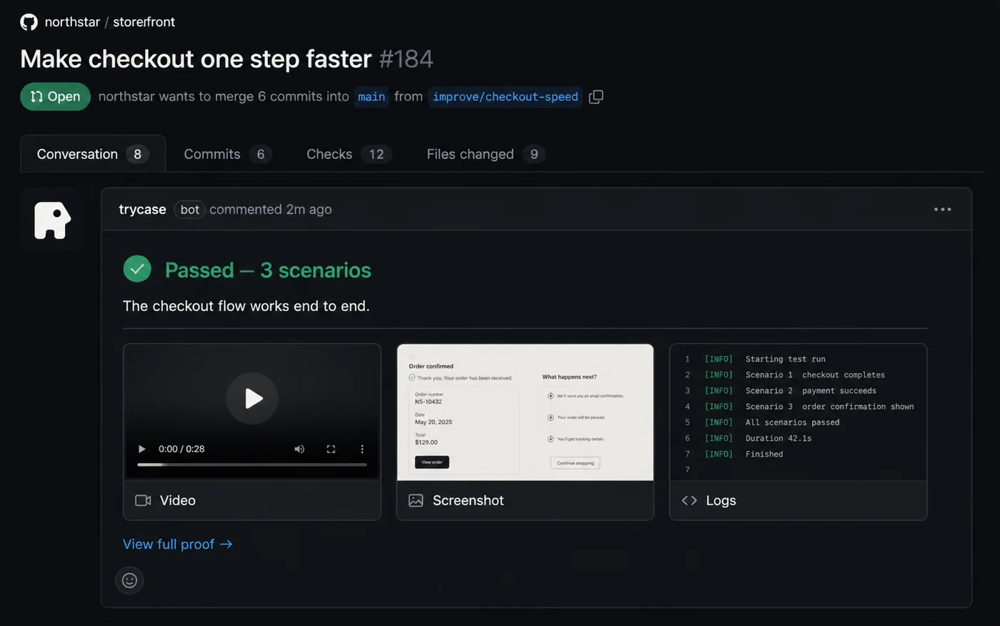 A passing TryCase GitHub comment with three scenarios and visual proof.